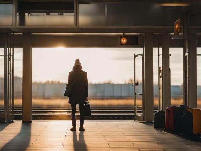 A traveler standing calmly on a train platform with a bag and a warm drink