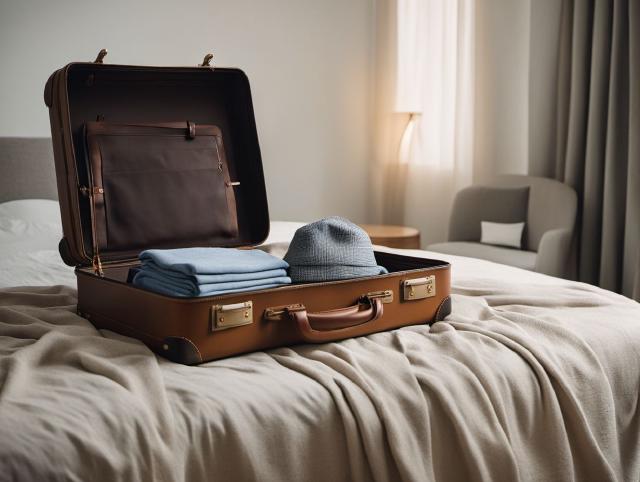 An open suitcase on a bed with neatly packed clothes, a passport, and a glass of water