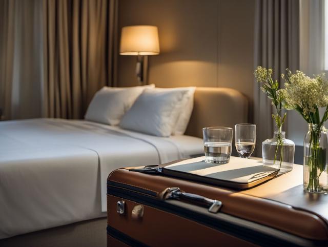 A quiet hotel room with a key card on the desk, a suitcase near the bed, and a glass of water