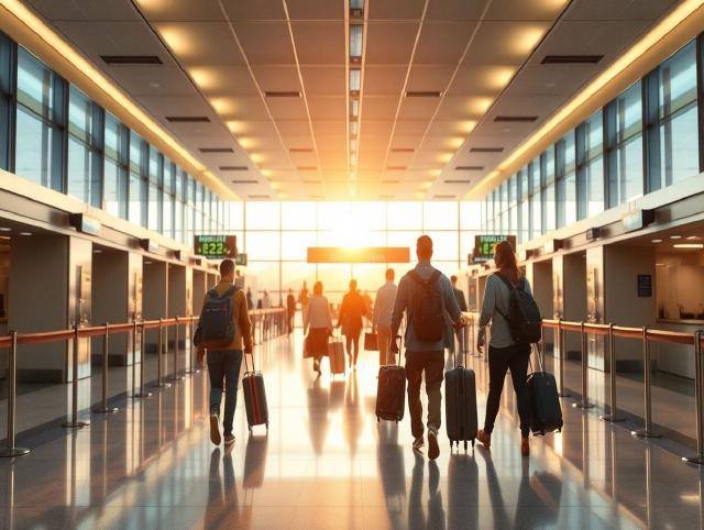 Travelers moving through a bright airport passport control hall after landing