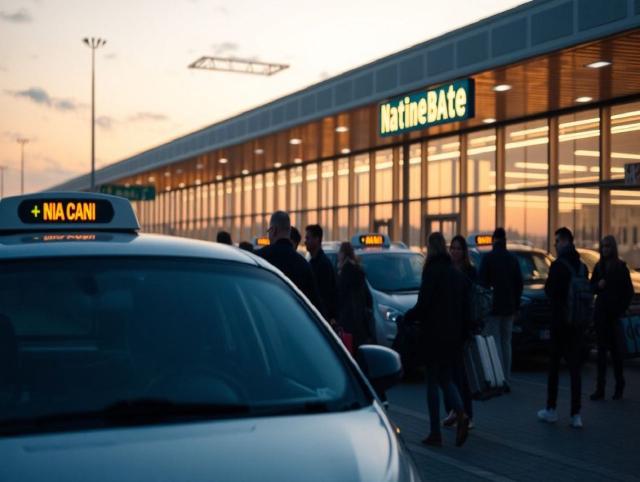Travelers waiting calmly in a taxi queue outside an airport terminal