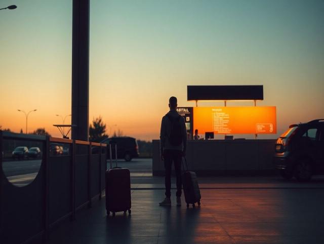 A traveler waiting calmly at a rental car pickup desk with luggage