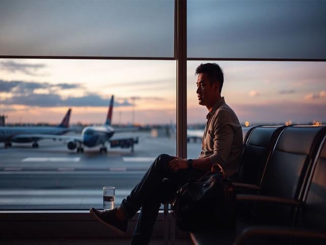 A calm traveler sitting near an airport window during a layover with a bag and a glass of water