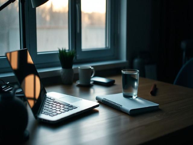 A quiet work desk with a laptop, notebook, and a glass of water before starting a difficult task