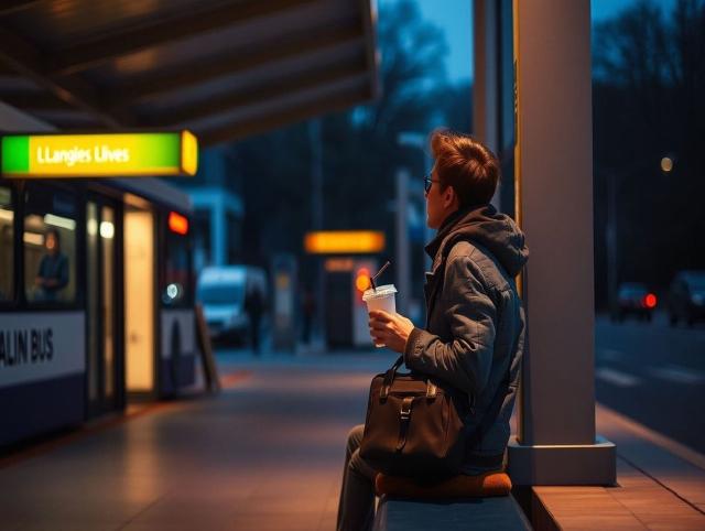 A traveler waiting calmly at a bus station with a small bag and a warm drink