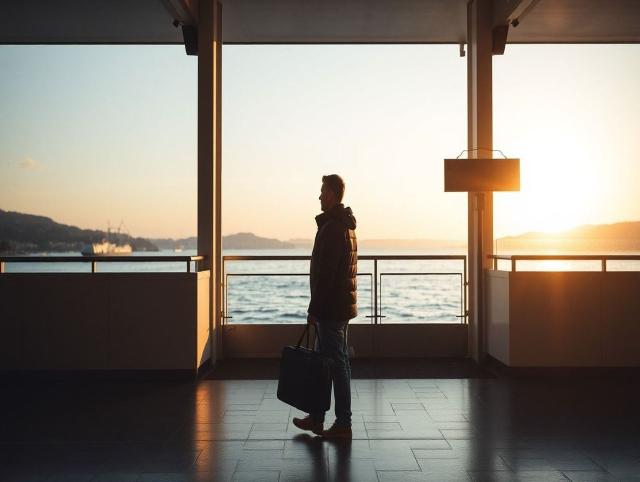 A calm traveler waiting inside a ferry terminal with a bag and a boarding ticket