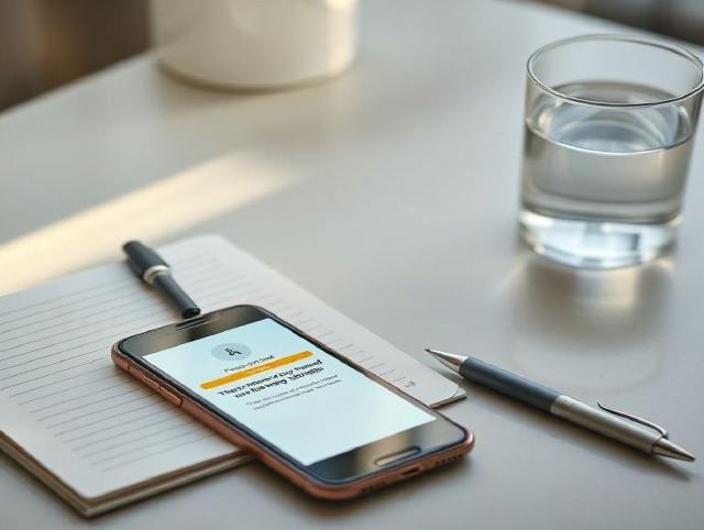 A phone with a payment alert beside a notebook, pen, and glass of water