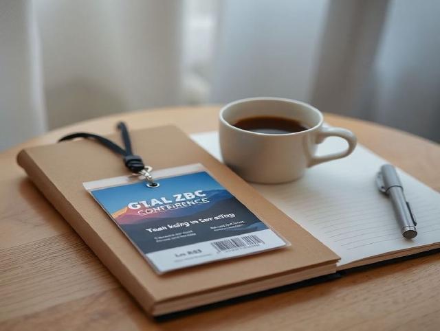 A conference badge on a lanyard beside coffee and a notebook