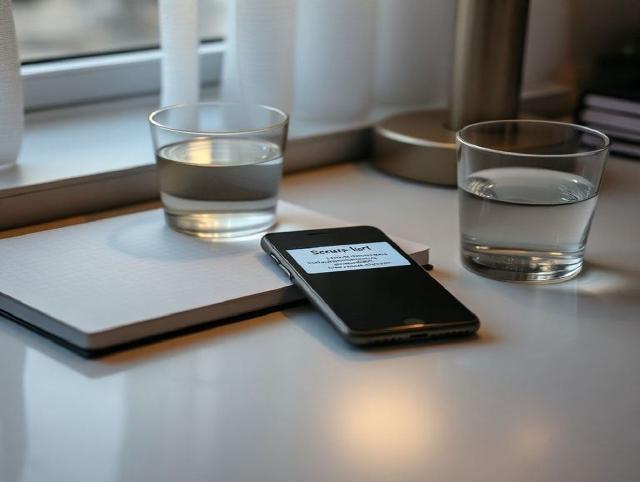 A phone showing a security alert beside a notebook and a glass of water on a desk