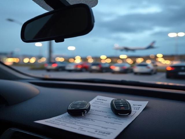 A rental car key and return receipt on a dashboard near an airport parking area