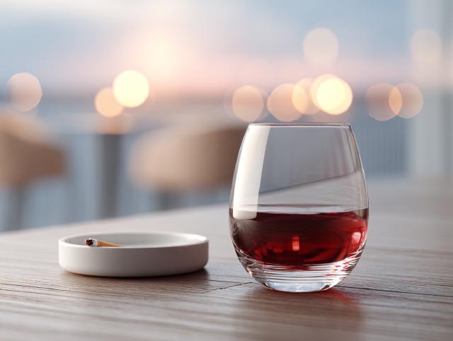 a glass of wine and an ashtray on the table — symbol of alcohol and cigarette pairing