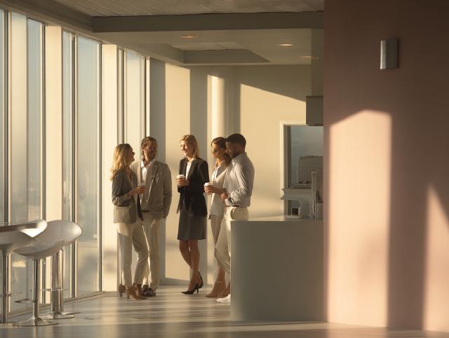 colleagues chatting in an office break area without cigarettes