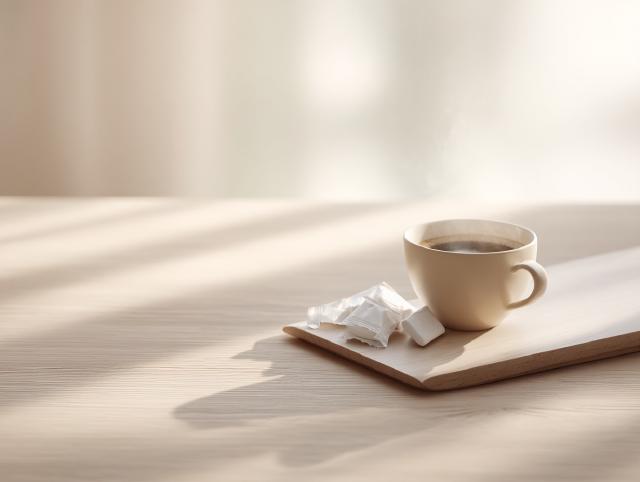 nicotine gum and a cup of coffee on a table