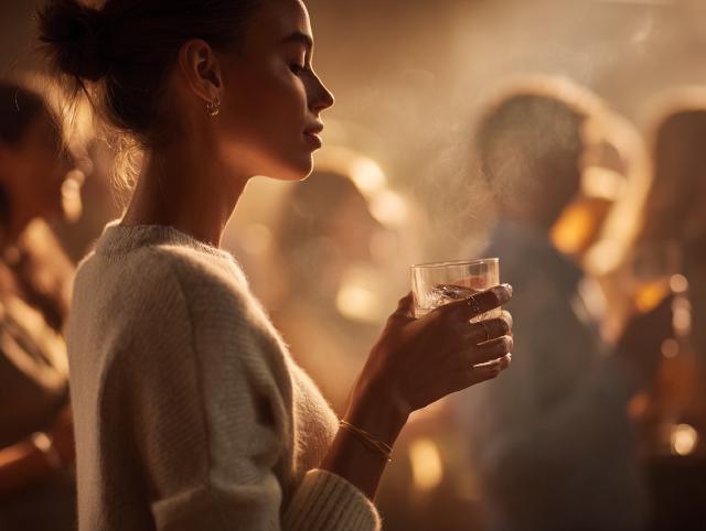 a person at a party calmly holding a glass of water while others nearby are smoking