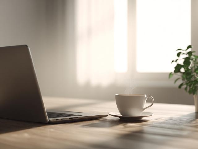 home office with a laptop and a cup of tea without cigarettes