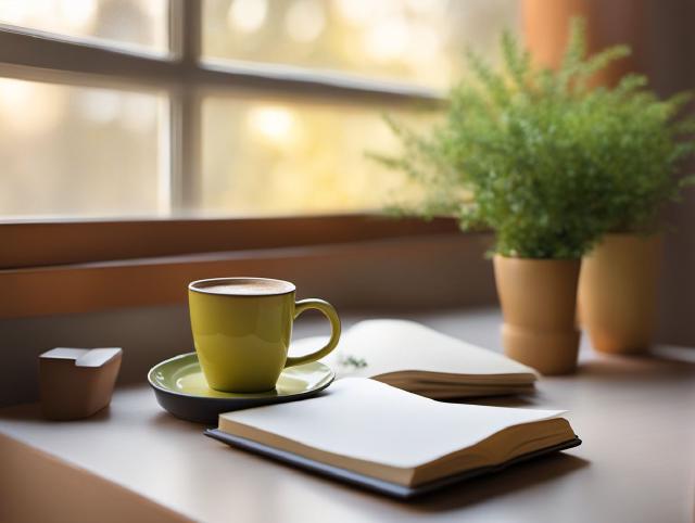 A quiet desk with a notebook and a warm drink