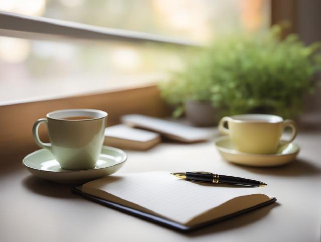 a notebook and a cup of tea on a calm desk
