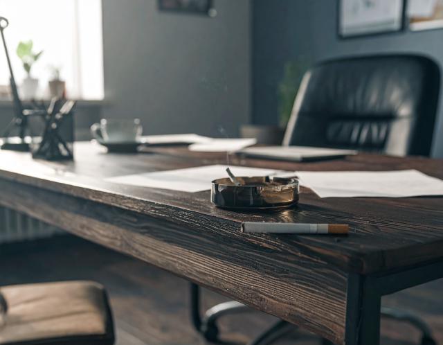 Hand holding a cigarette at a stressed office desk—visual metaphor for the false relief loop