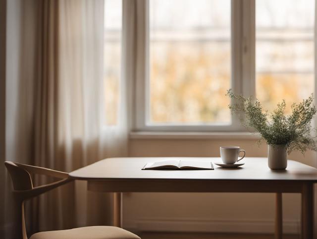 A quiet table by a window with soft light and a cup