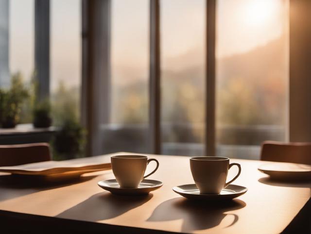 A cleared dinner table with a warm cup and soft evening light