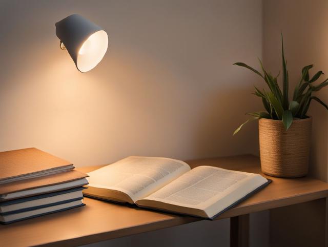 A warm bedside lamp next to a closed book and a glass of water