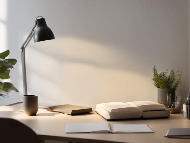 A quiet desk with a notebook, a pen, and morning light