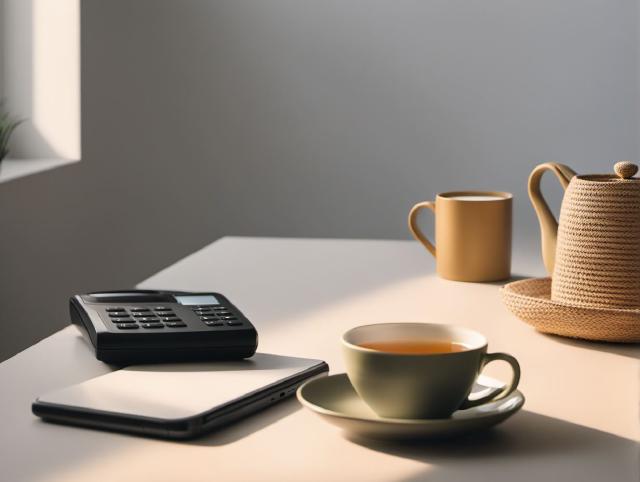 A phone resting beside a notebook and a cup of tea