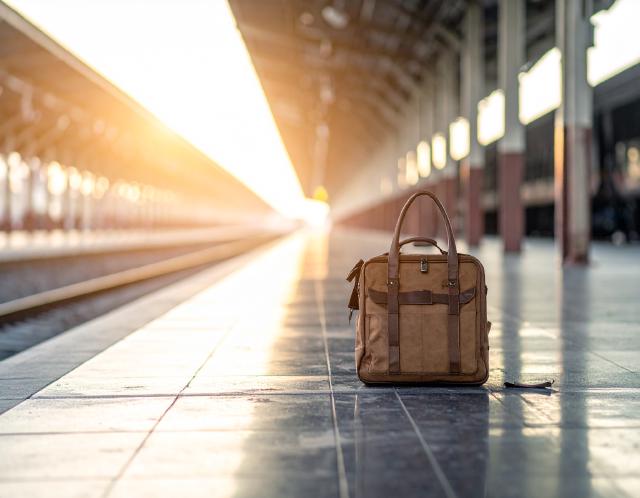 A traveler with a small bag standing calmly on a train platform at sunrise