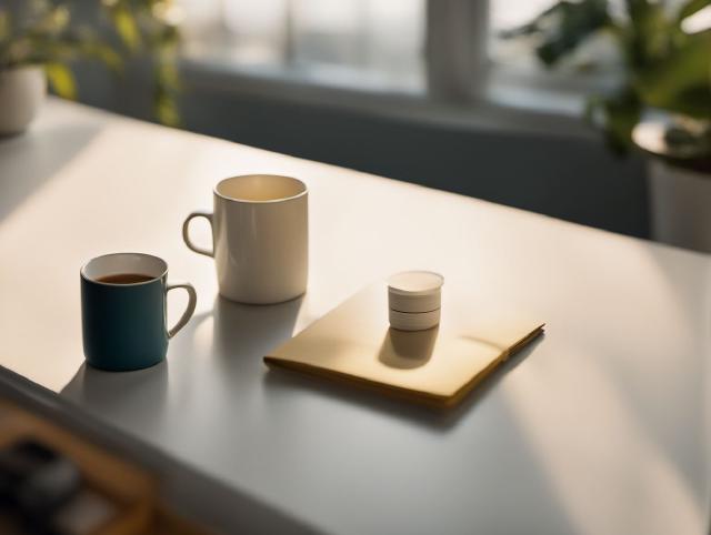 A notebook and a cup on a table next to an untouched cigarette pack