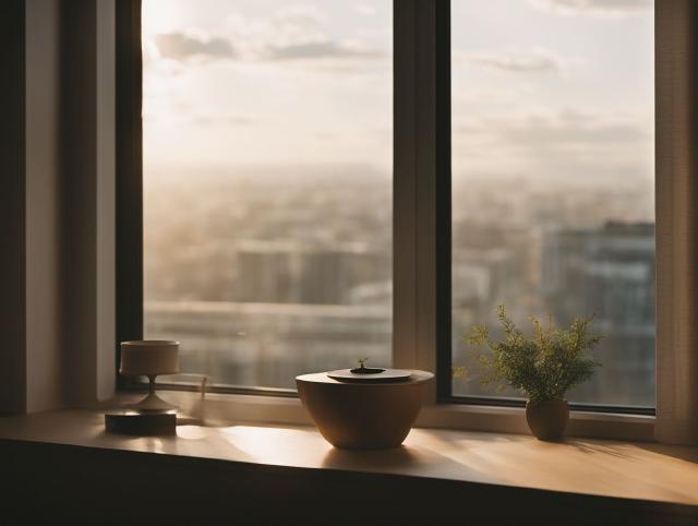 A calm person looking out a window while starting a smoke-free routine