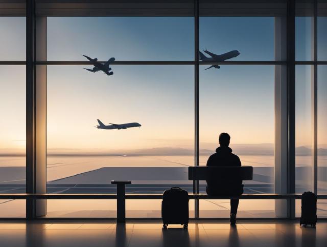 A traveler sitting calmly near an airport window while checking a delayed flight screen