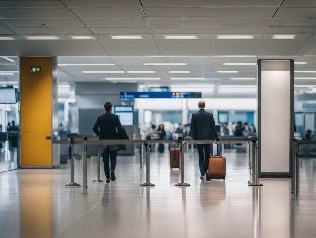 A traveler preparing a carry-on bag and documents at an airport security checkpoint