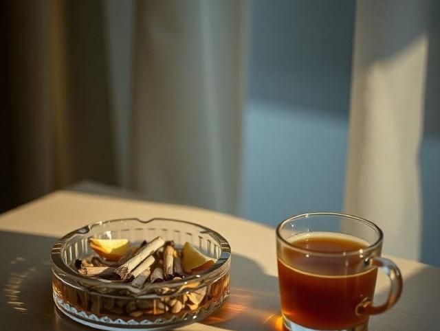 A full ashtray beside a cold cup of tea in a quiet evening room