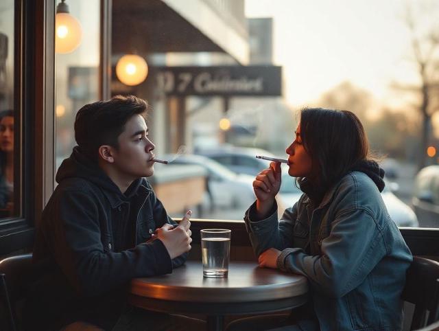 Two young adults sharing cigarettes at a small cafe table