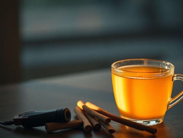 Heated tobacco device and used sticks beside a cold cup of tea