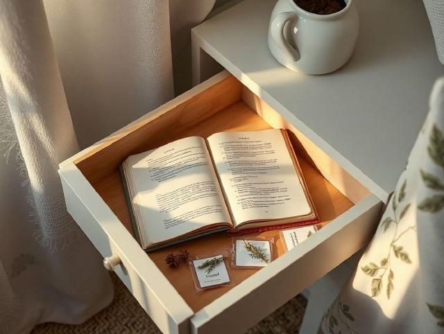 An open drawer with patches, a book, and empty herbal packs
