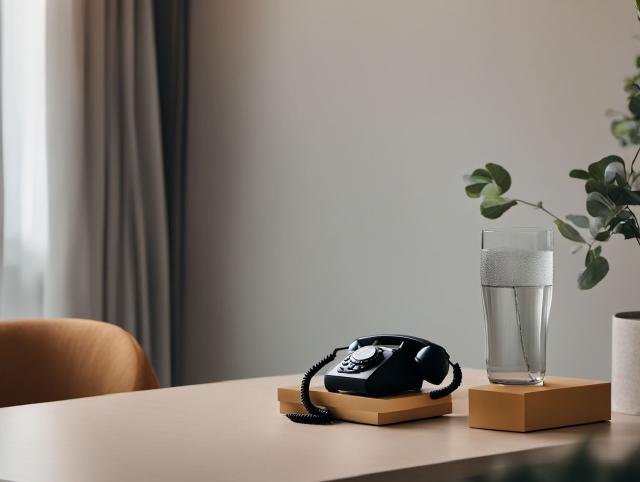 A phone with a brief call request beside a notebook and a glass of water