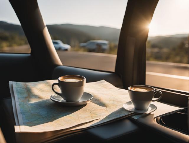 A parked car at a quiet roadside stop with coffee and a map on the passenger seat